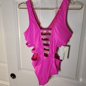 Hot Pink Cutout Swimsuit with Silver Accents